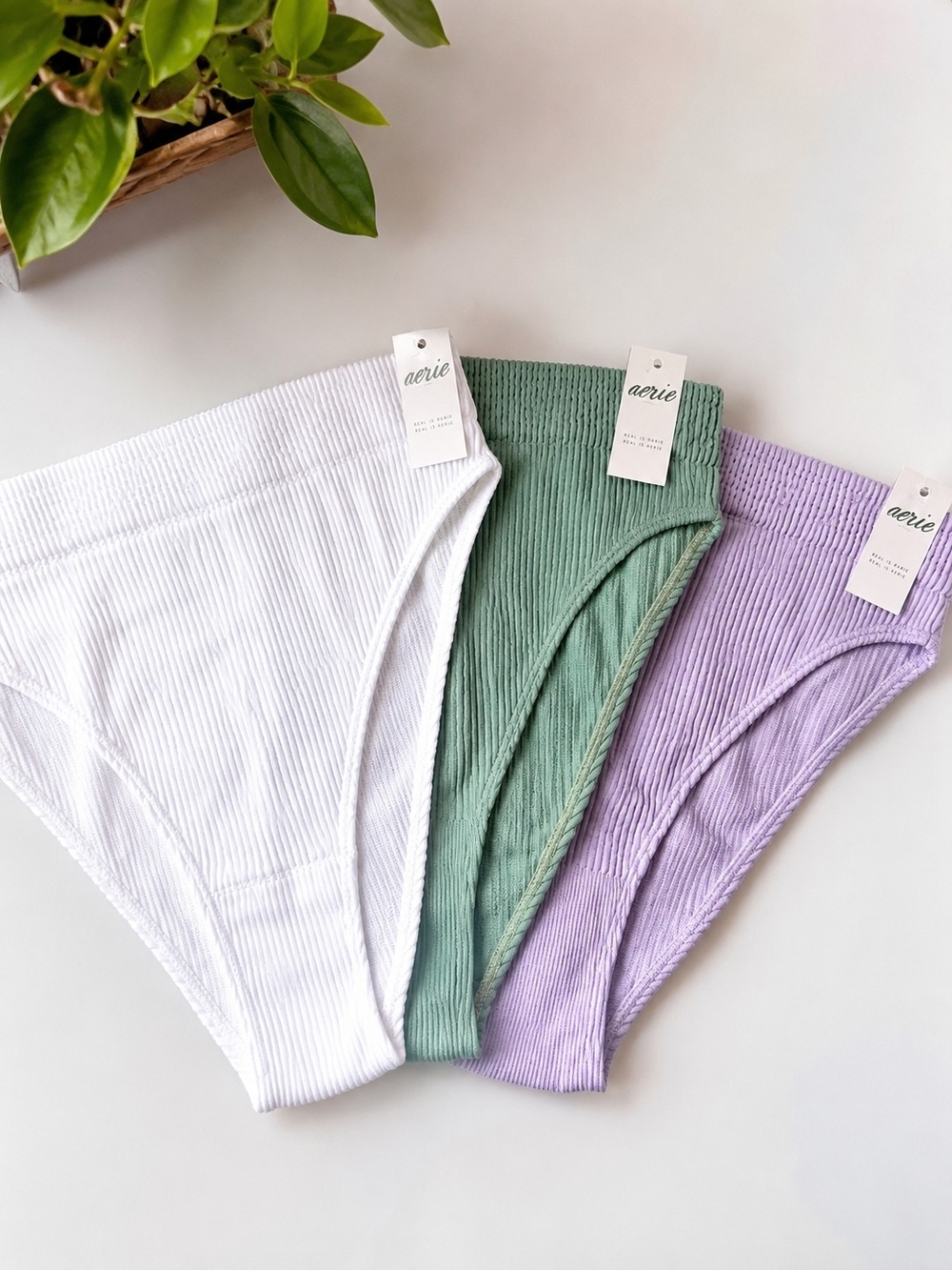 aerie Ribbed High Cut Bikini Pantie — White, Sage, Lavender